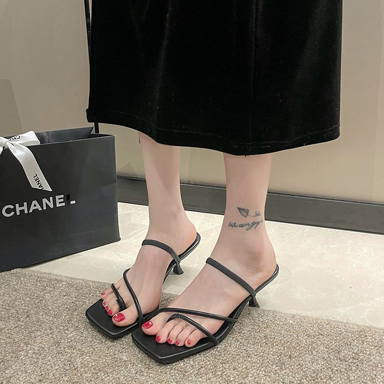 Fashion Korean style square head slippers middle-heel summer 