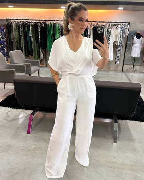 V-neck Casual high waist pure straight jumpsuit