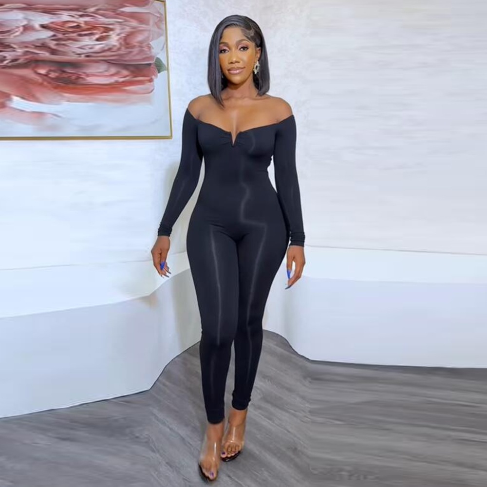Sexy pure package hip V-neck tight long sleeve jumpsuit