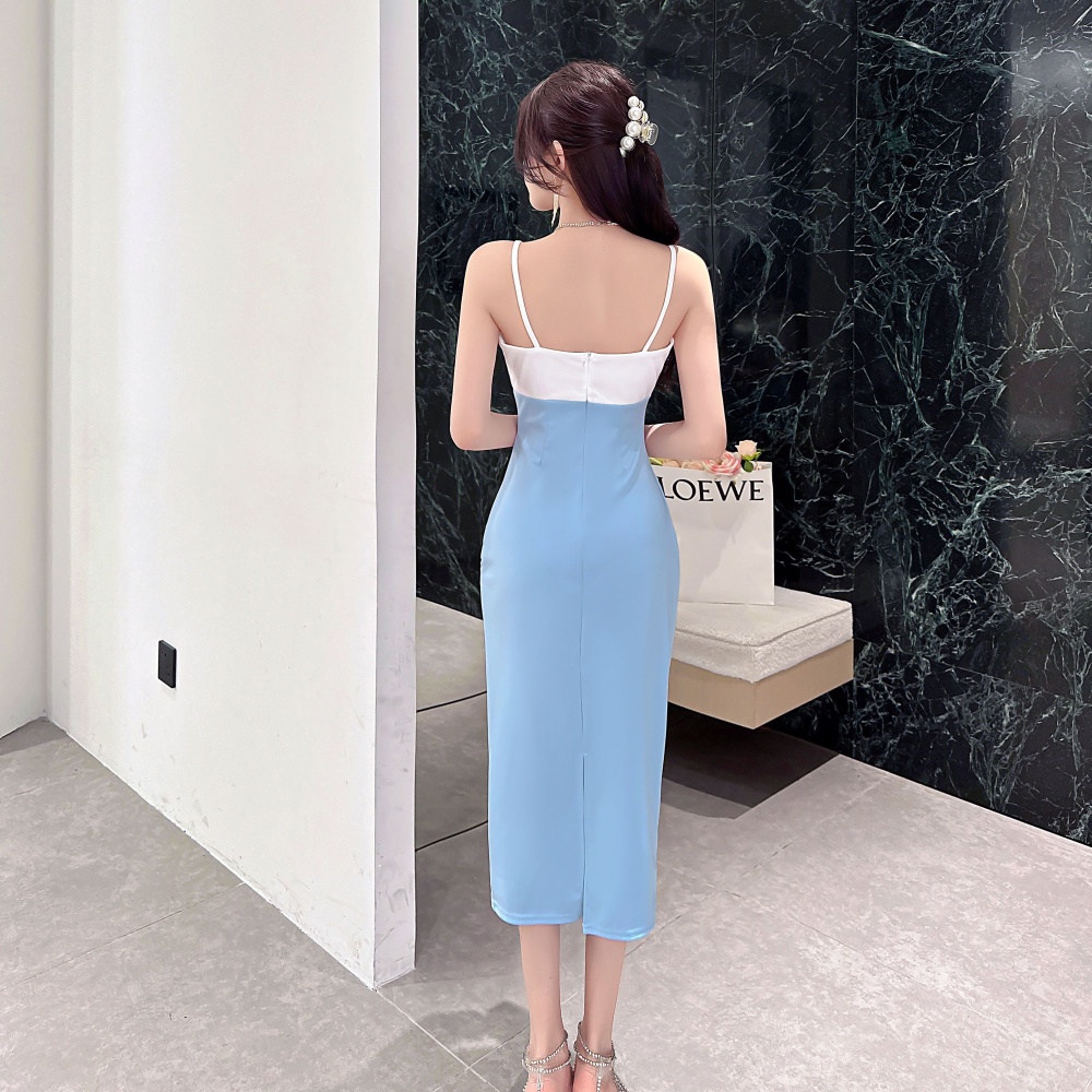 Mixed colors sling package hip sexy splice long dress