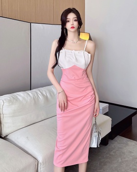 Mixed colors sling package hip sexy splice long dress