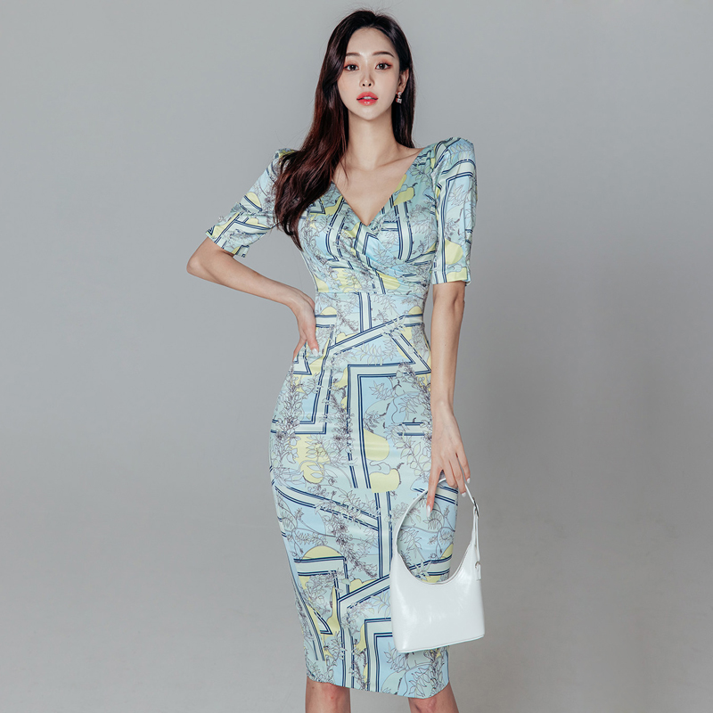 Long sexy fashion printing Korean style package hip summer dress