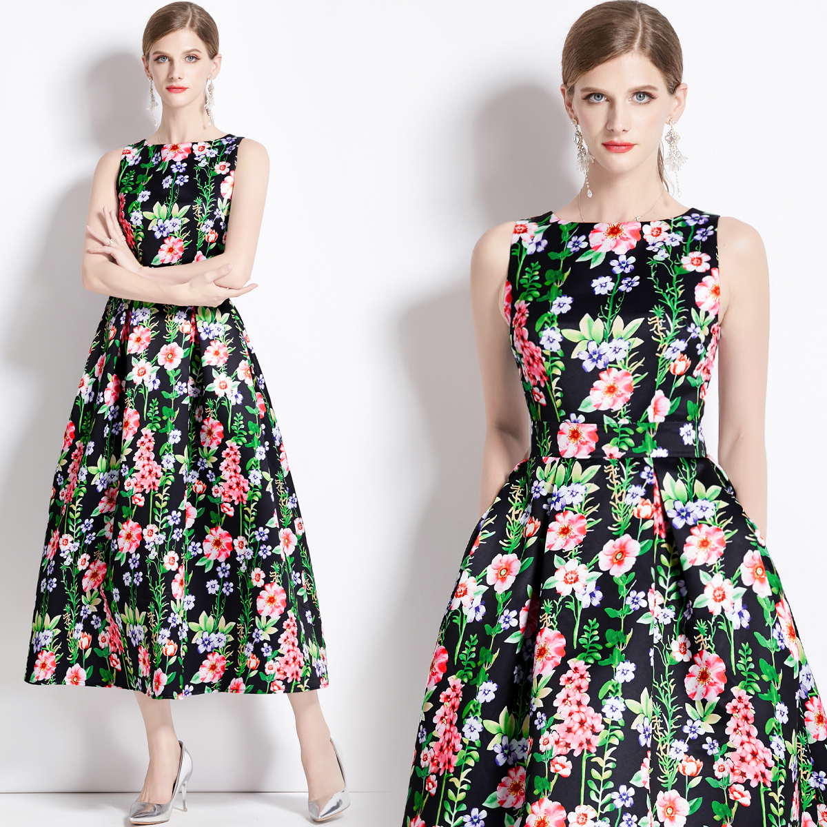 Stereoscopic sleeveless clipping pinched waist dress