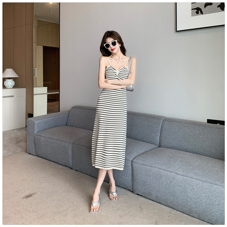 Knitted slim dress mixed colors sling long dress for women