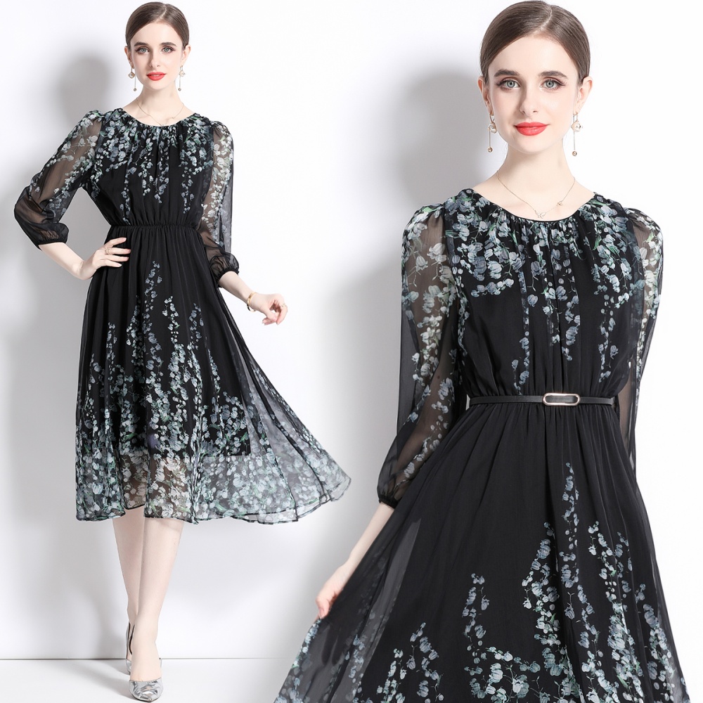 Printing France style imitation silk chiffon dress