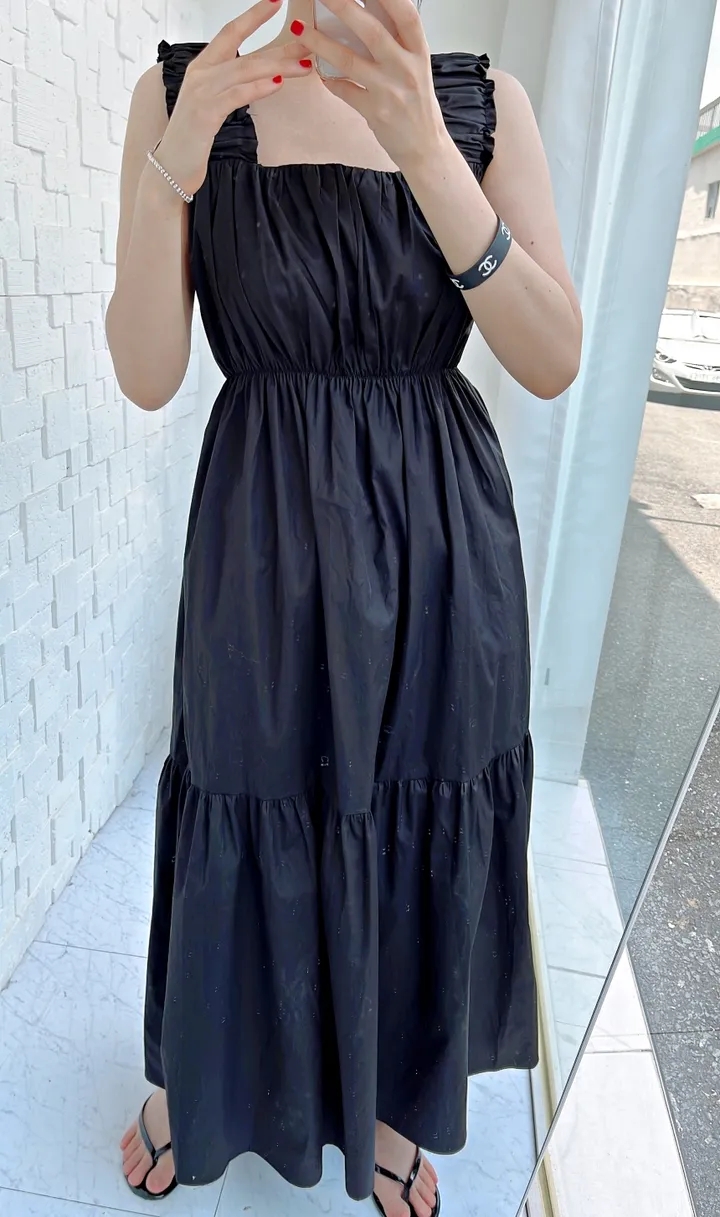 Pinched waist folds square collar simple sleeveless dress