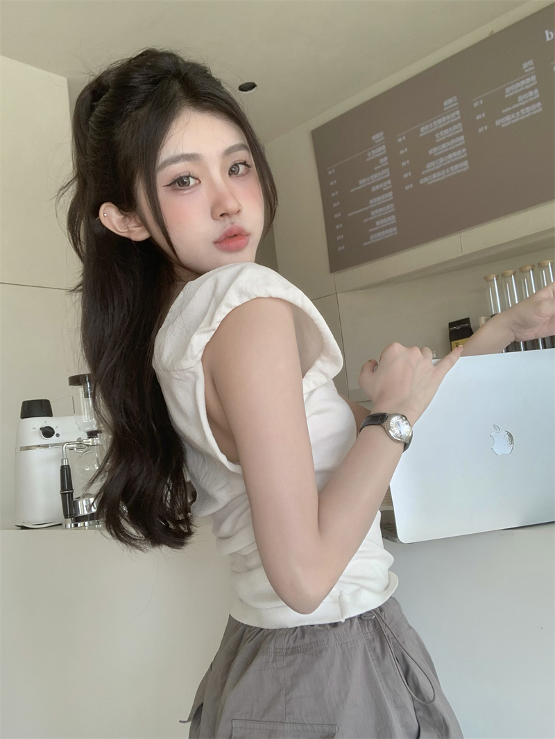 Korean style pinched waist fold V-neck tops for women