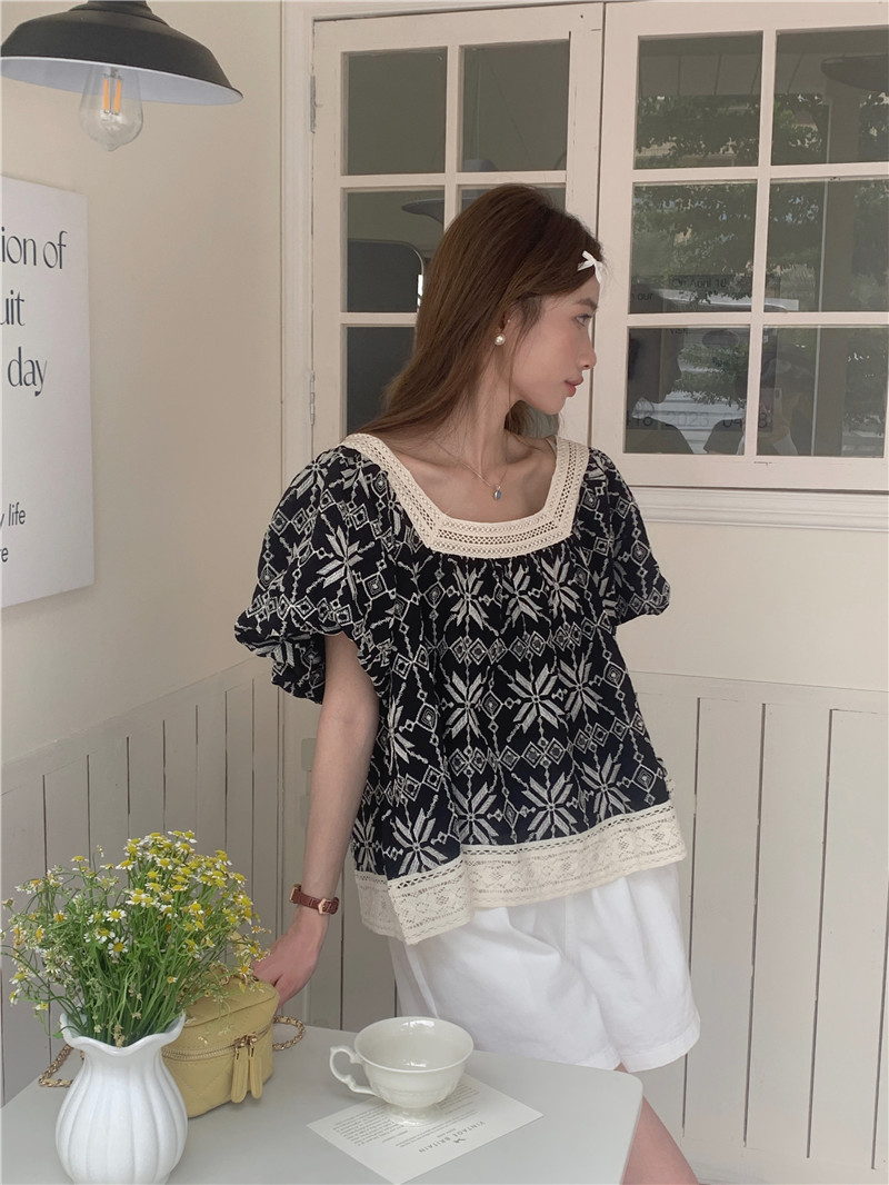 France style embroidery puff sleeve Korean style retro tops