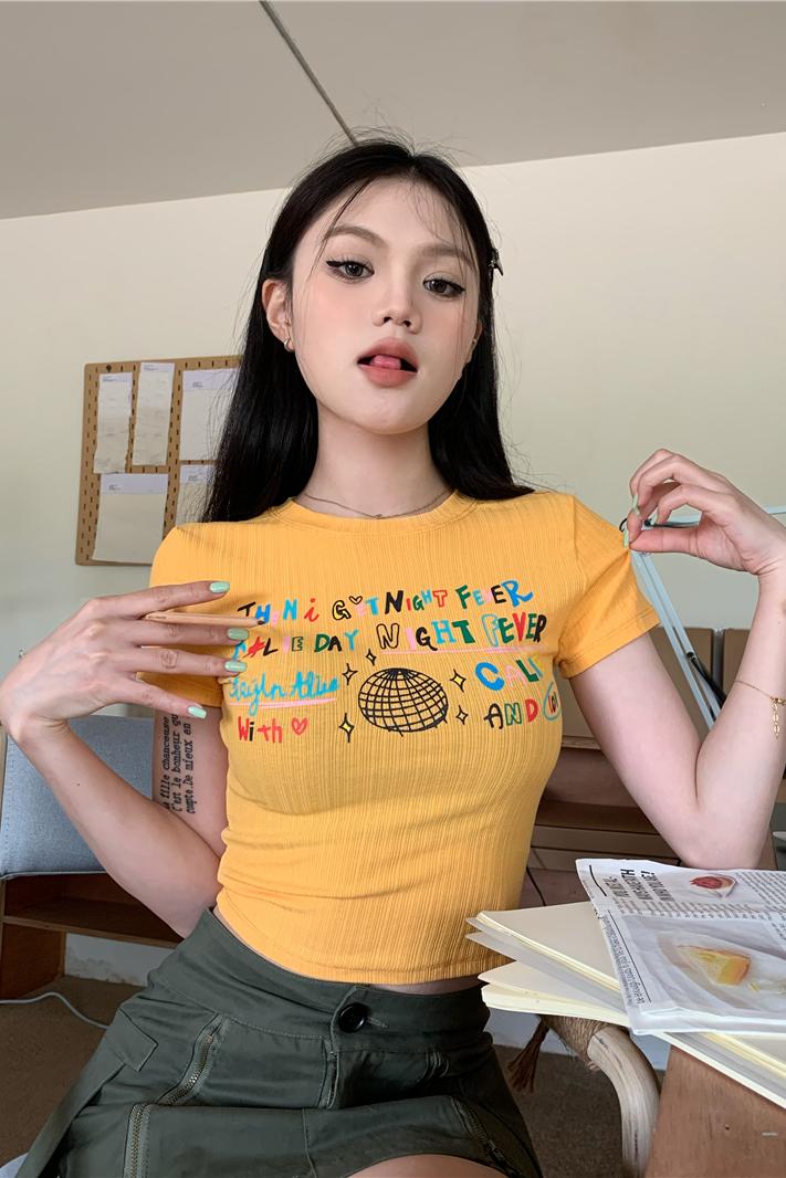 Short sleeve slim T-shirt letters tops for women