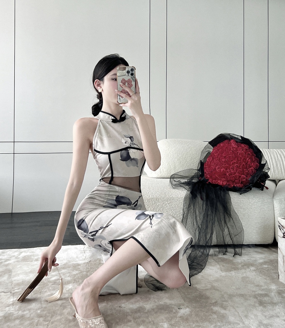 Slim retro elegant dress printing sleeveless summer cheongsam