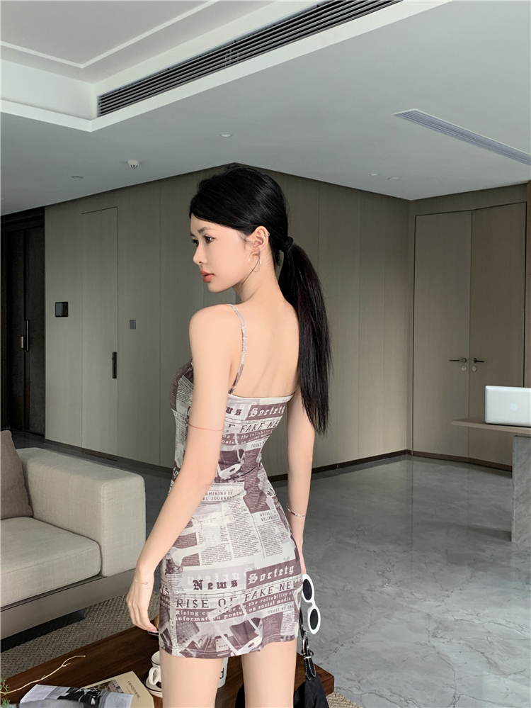 Sling sleeveless T-back printing package hip dress