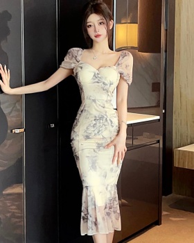 Slim temperament floral sexy wrapped chest dress