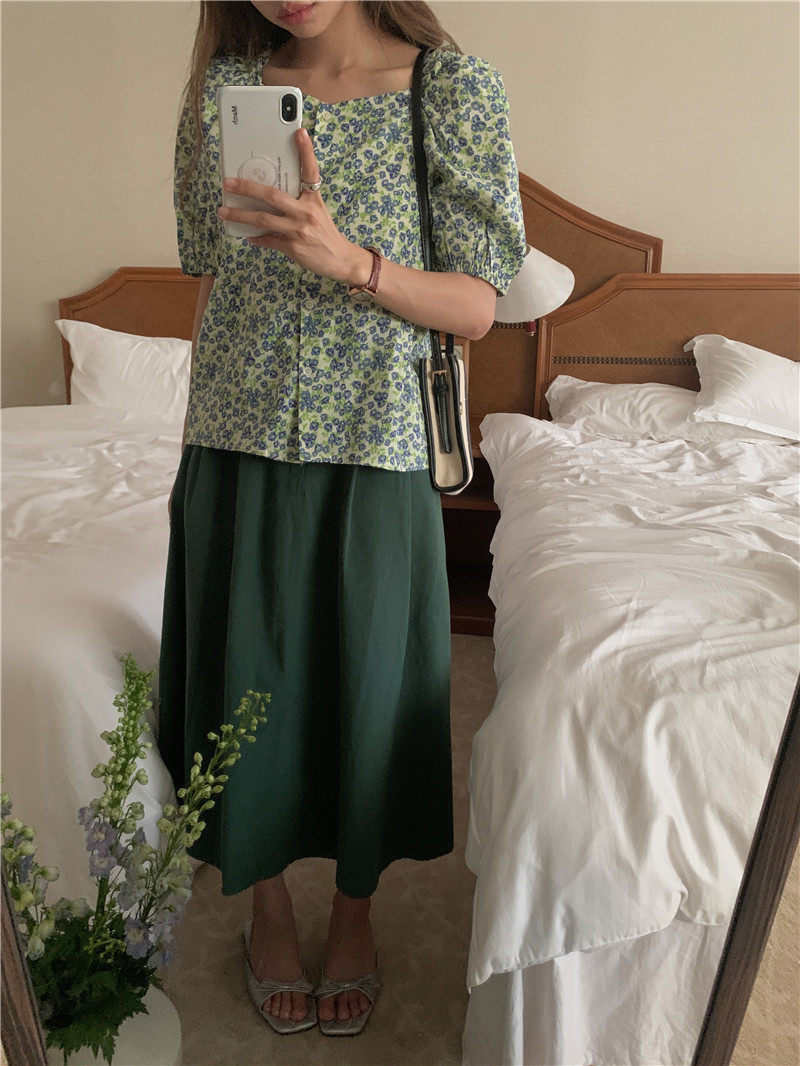 Square collar detachable skirt floral shirt a set