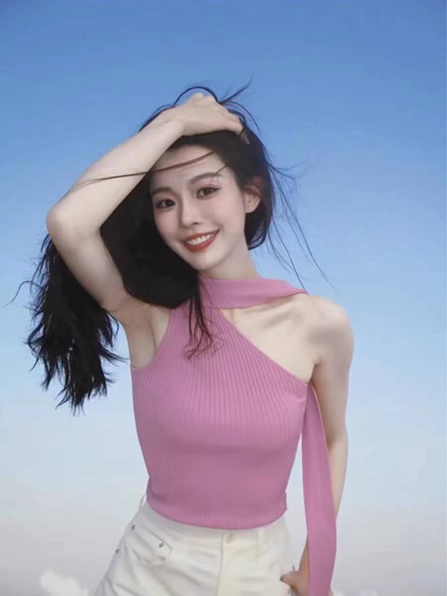 Sloping shoulder pink sweater summer sleeveless tops