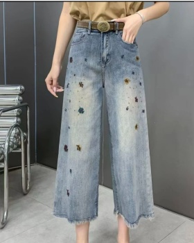 Burr embroidery jeans summer retro wide leg pants