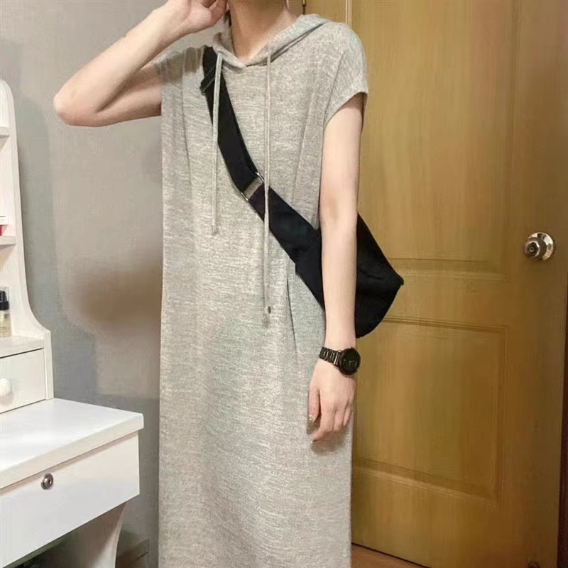 Hooded pure knitted long simple all-match summer dress