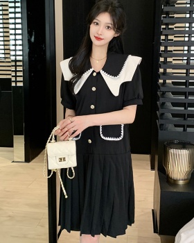 Lapel mixed colors Korean style splice dress for women