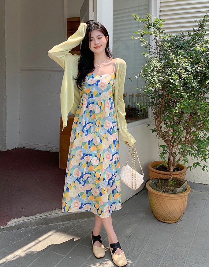 Slim all-match Korean style floral dress 2pcs set