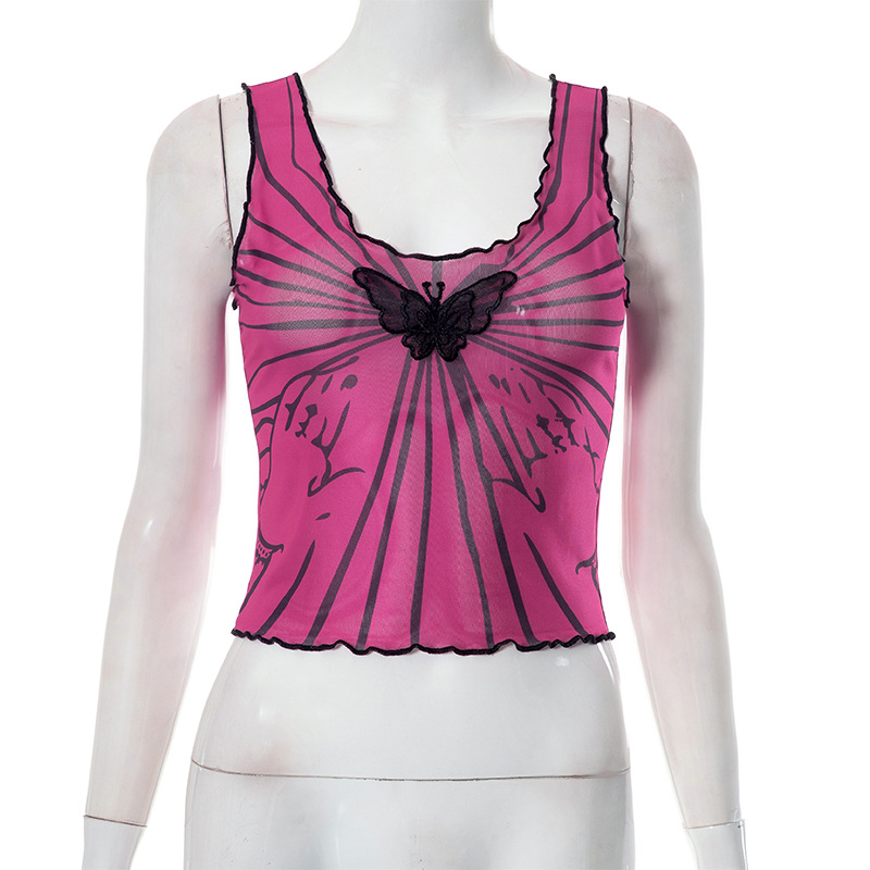 Short butterfly tops navel printing vest for women
