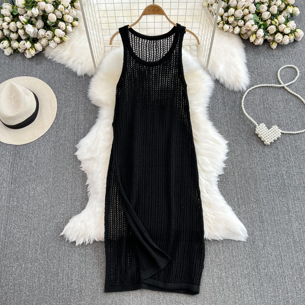 Knitted vacation thin dress loose split summer vest