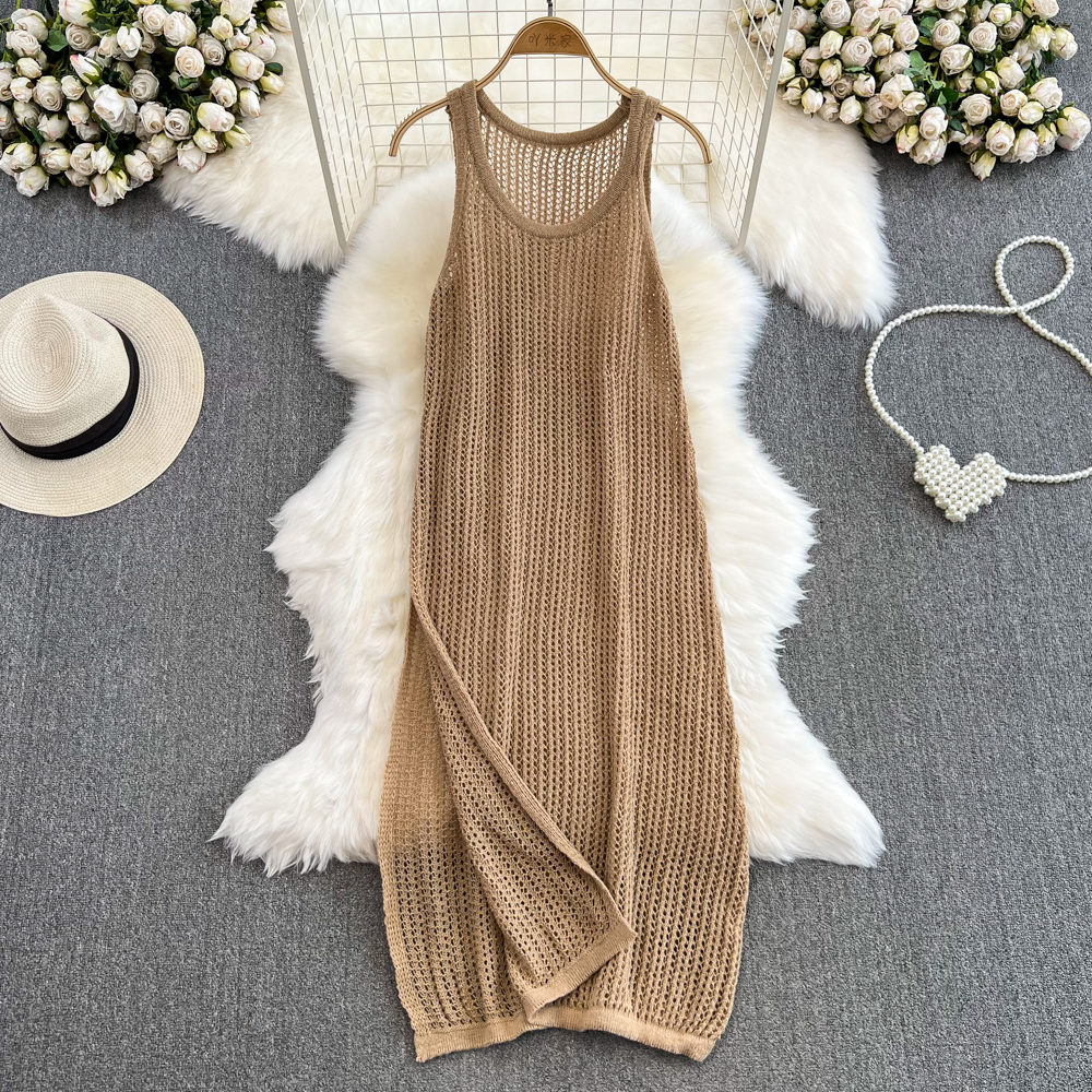 Knitted vacation thin dress loose split summer vest