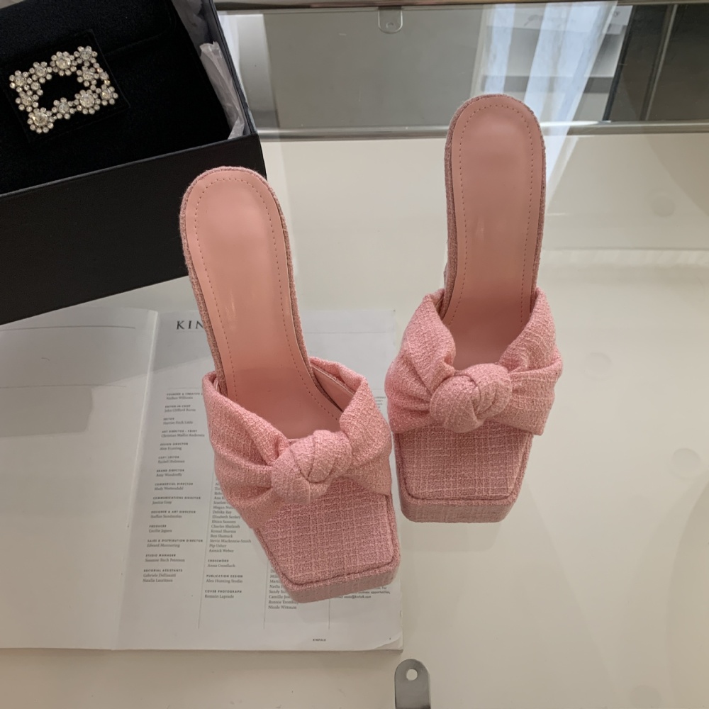 Weave summer bow slippers thick retro platform for women