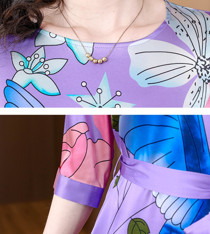 Short sleeve printing belt real silk round neck dress