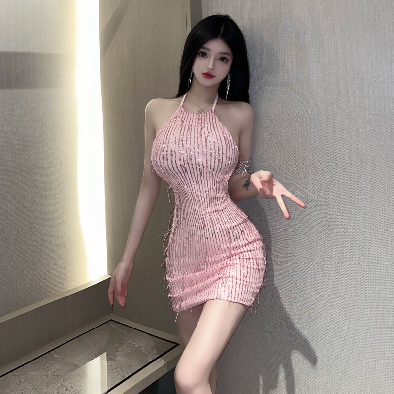 Sexy tassels pink fashion sequins sweet halter dress