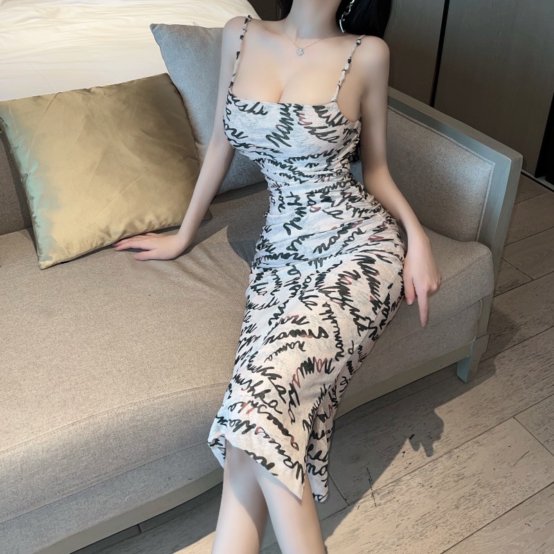 Long slim fashion sling printing dress for women