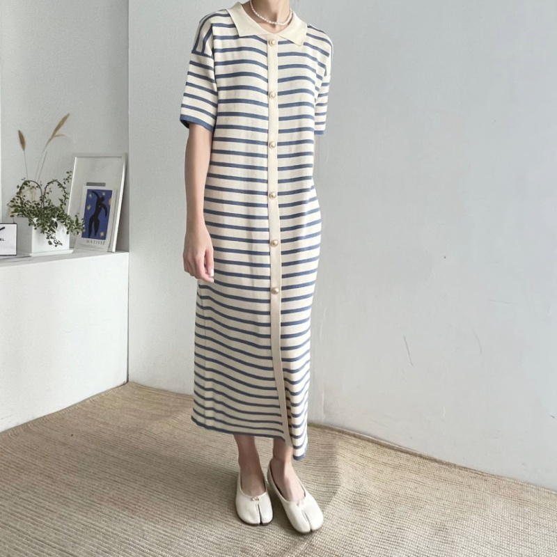 Stripe short sleeve summer ice silk dress for women
