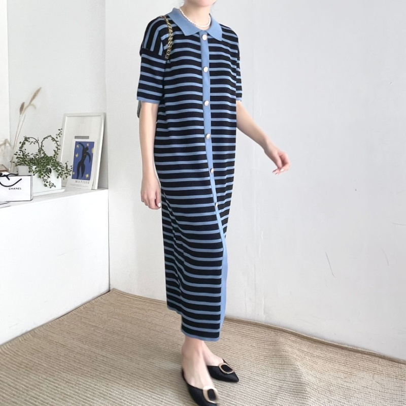 Stripe short sleeve summer ice silk dress for women