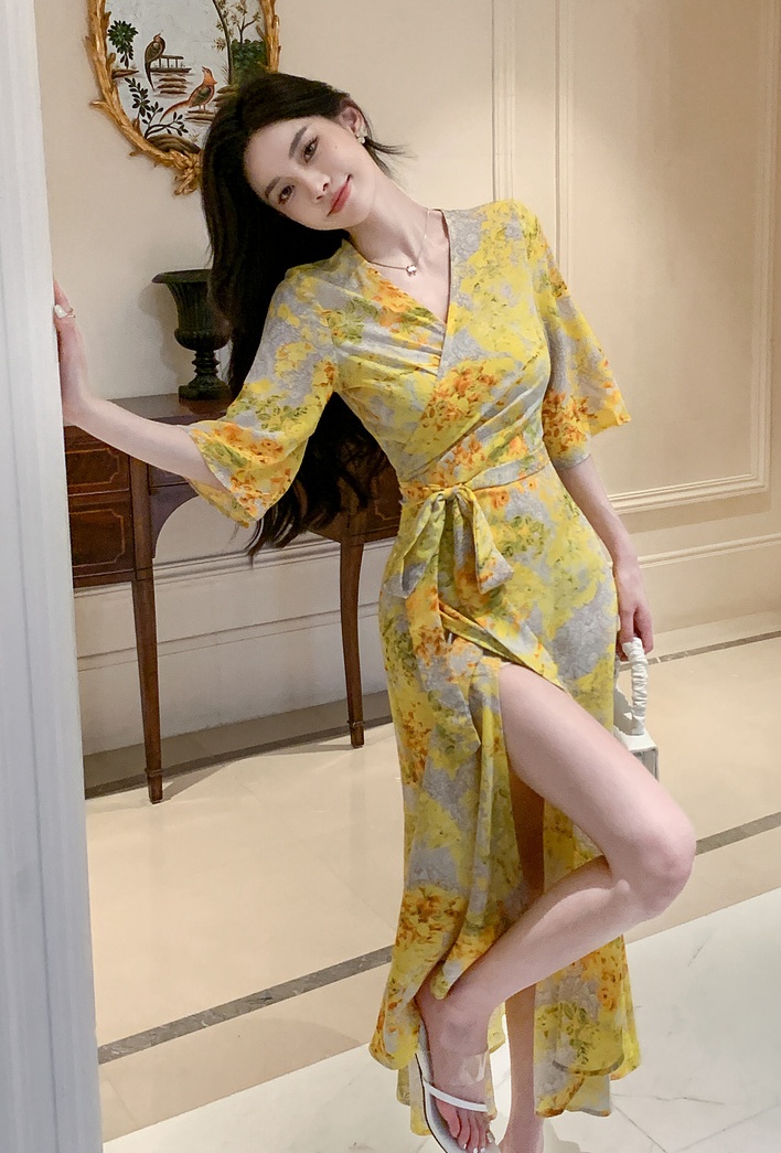 Printing yellow dress France style long dress