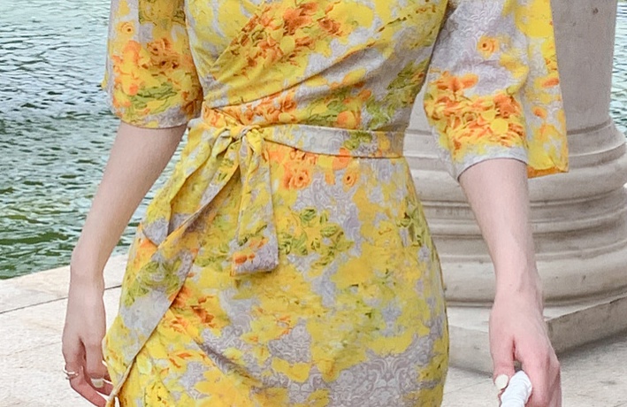 Printing yellow dress France style long dress