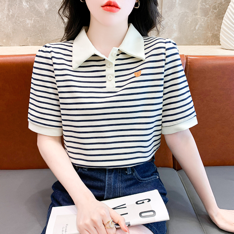 Stripe puff sleeve T-shirt short sleeve tops for women