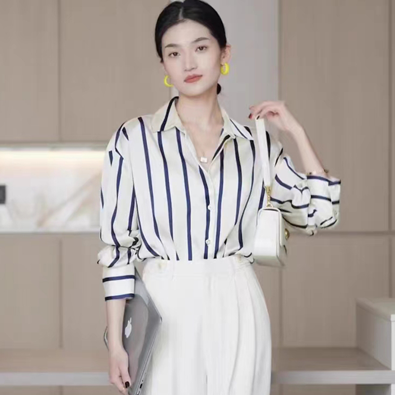 Chiffon stripe tops satin all-match shirt for women