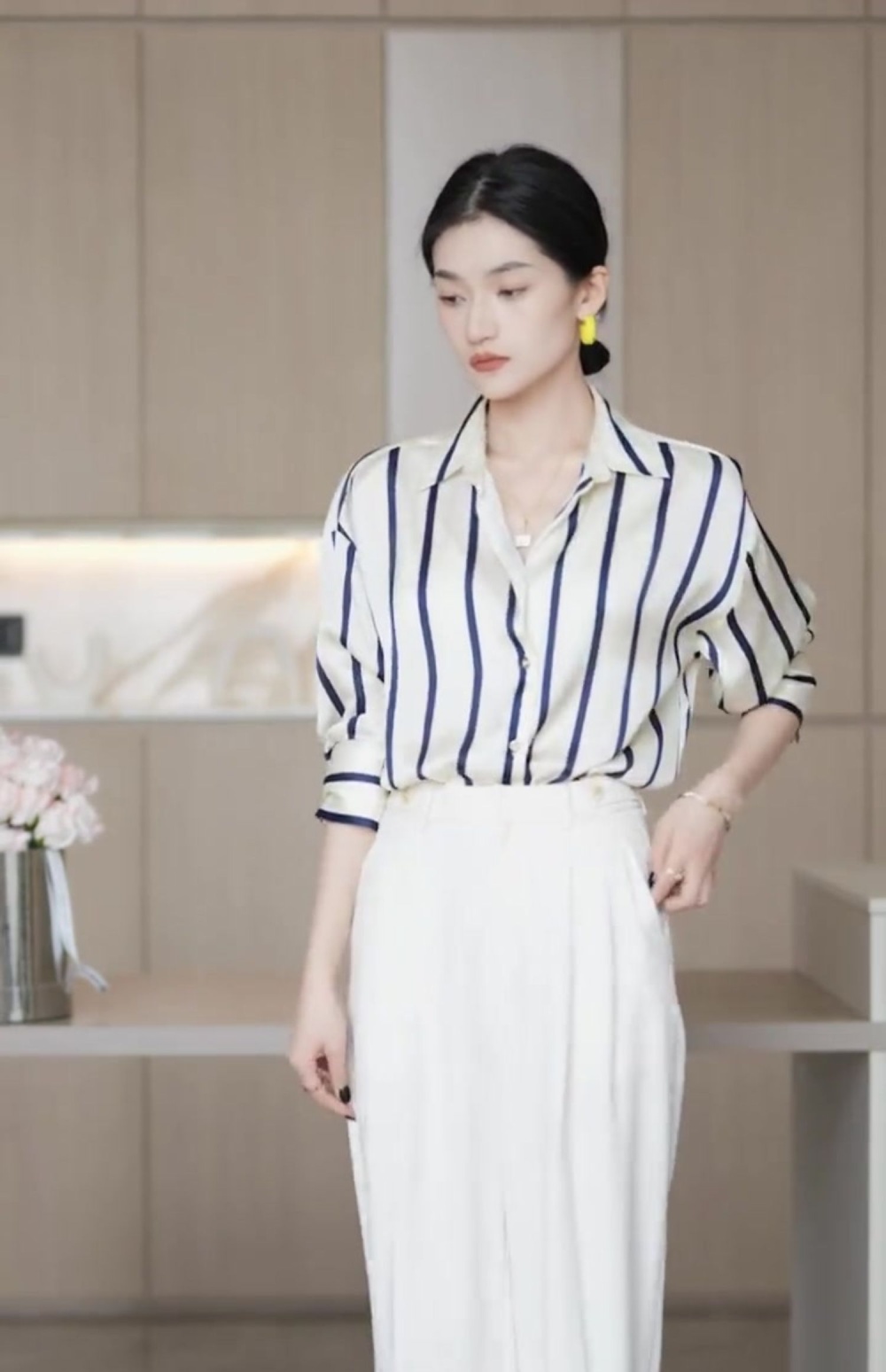 Chiffon stripe tops satin all-match shirt for women