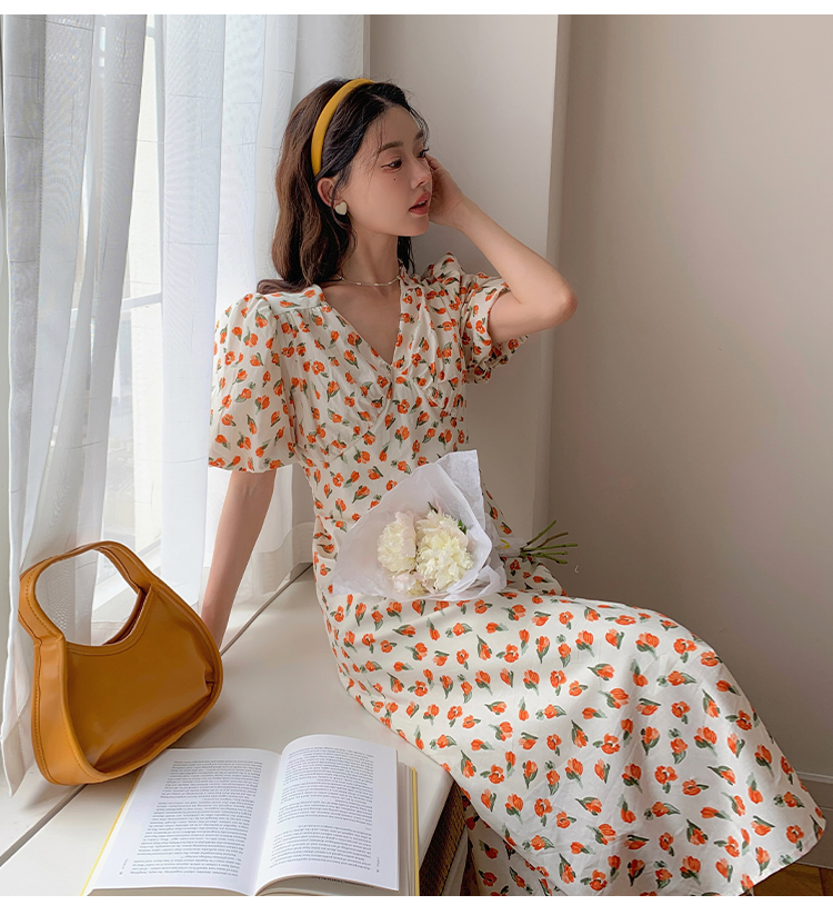 Pinched waist puff sleeve floral large yard dress for women