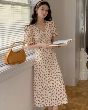 Pinched waist puff sleeve floral large yard dress for women