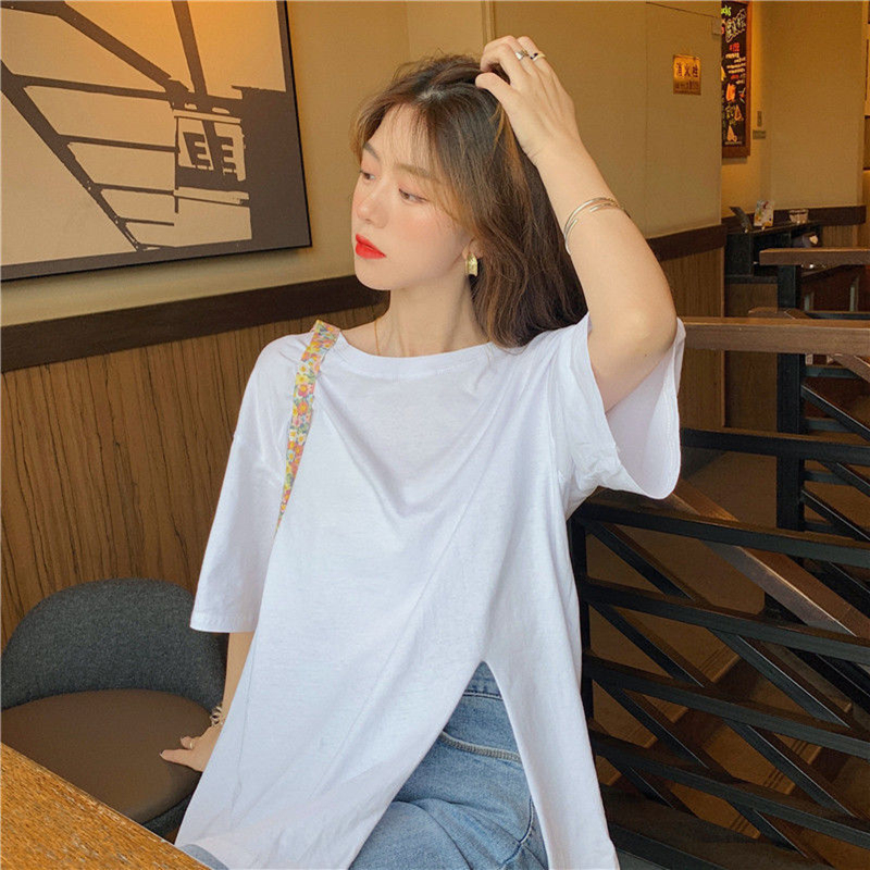 Loose long pure cotton T-shirt all-match short sleeve pure tops