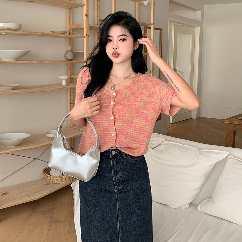 Korean style knitted short sleeve slim all-match tops