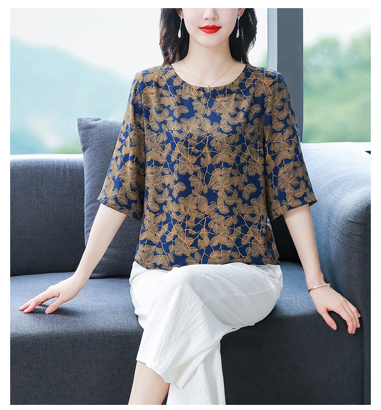 Middle-aged T-shirt real silk tops for women
