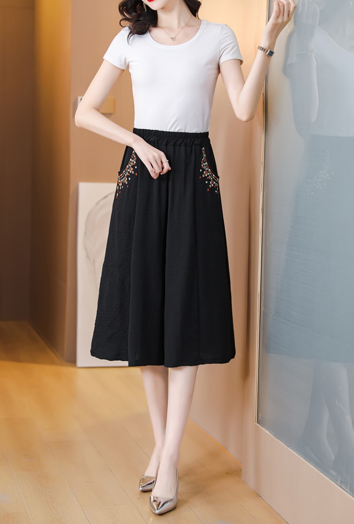 National style cropped pants embroidery wide leg pants