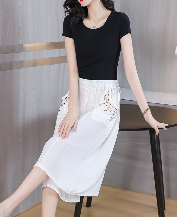 National style cropped pants embroidery wide leg pants