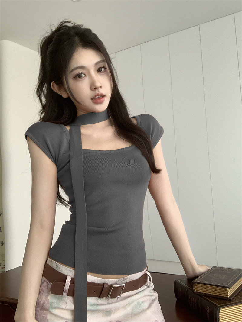 Halter square collar tops slim T-shirt for women