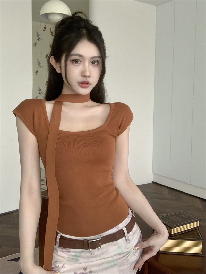 Halter square collar tops slim T-shirt for women