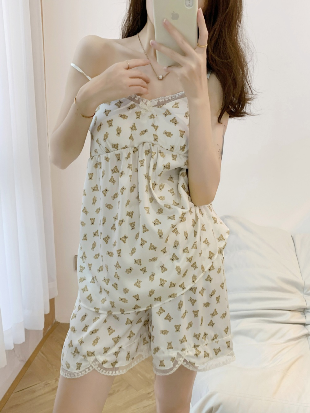 Homewear ice silk pajamas sling summer shorts a set for women