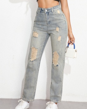 High waist sexy loose wide leg large yard holes letters jeans
