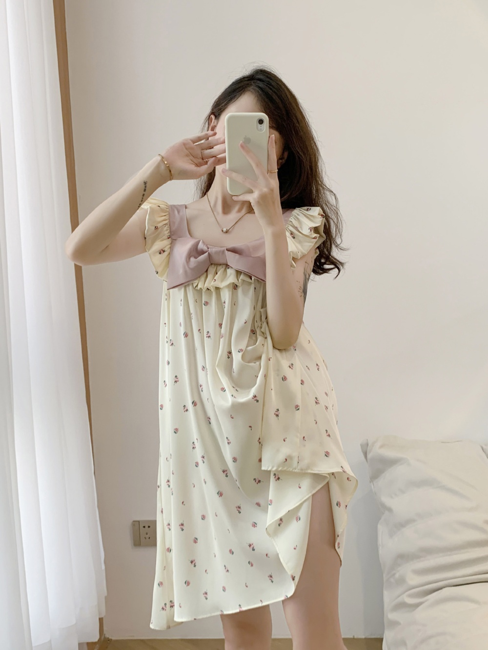 Japanese style sexy pajamas printing ice silk night dress