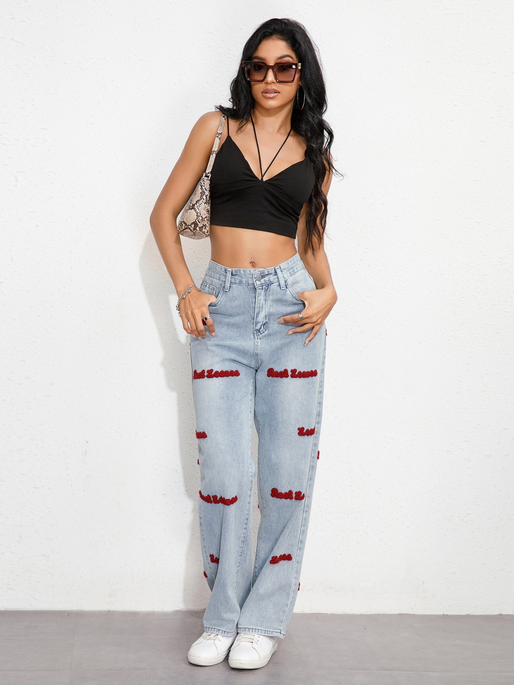 Holes loose large yard wide leg jeans for women