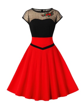 Pinched waist embroidery retro big skirt splice lace dress